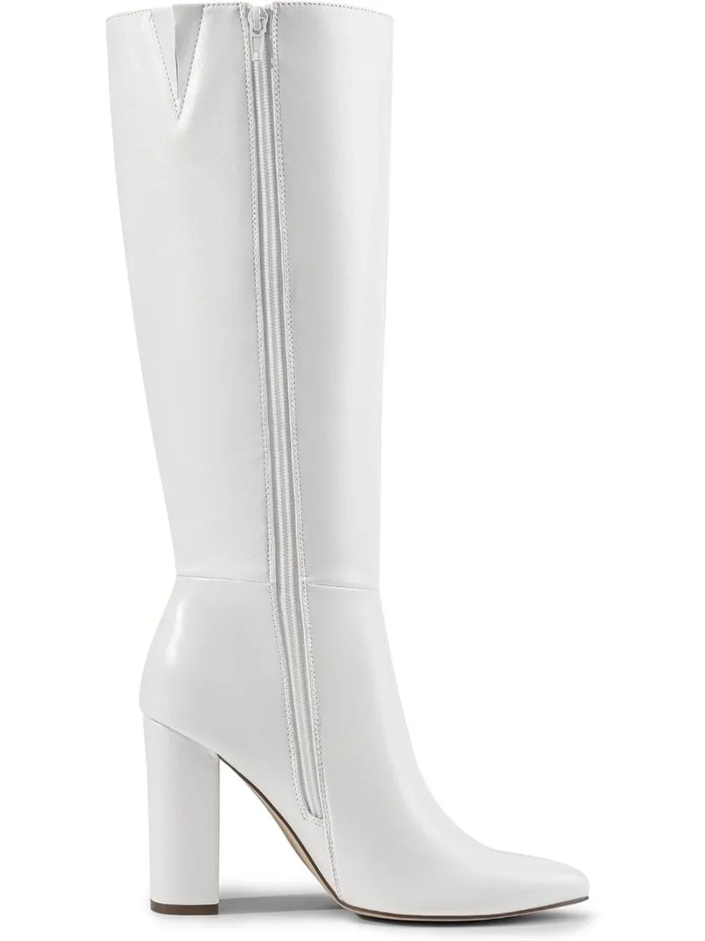 Women's White Faux Leather Chunky Heel Pointed Toe Side Zipper Knee High Boots